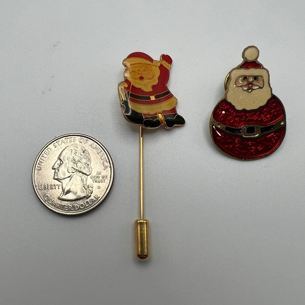 Vintage Santa Claus Pins Lot of Two Enamel Gold Tone One Stick Pin